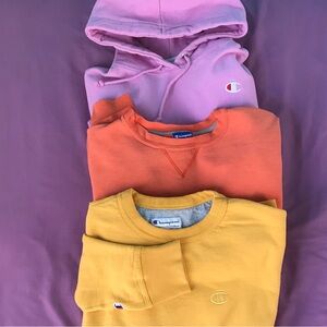 The Trilogy: 3 Classic Champion Sweatshirts.  3 best colors: gold, orange, pink